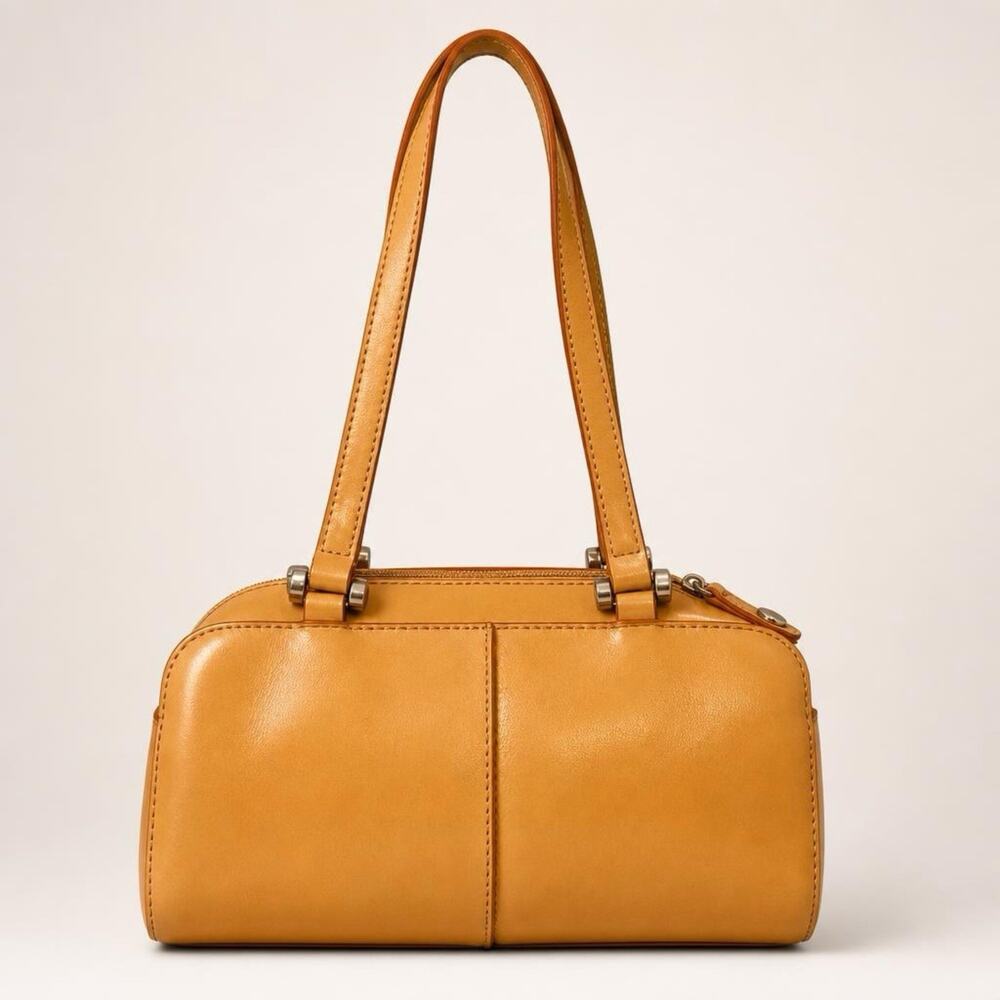 Rare Geoffrey Beene Stimulated Leather Barrel Handbag Bag Beige Shoulder Strap